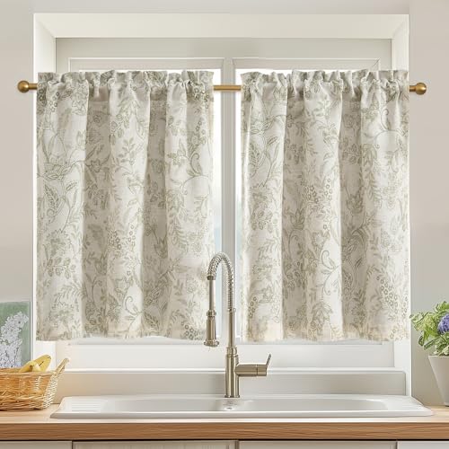 Lazzzy Green Floral Cafe Curtains 24 Inch Length for Kitchen Blackout Linen Farmhouse Lined Small Rustic Country Room Darkening Rod Pocket Tier Curtains Set 2 Panels Sage Green on Beige