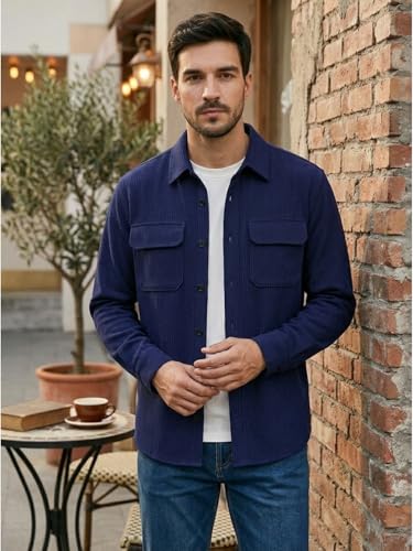 Image of DEELMO Men's Full Sleeve Corduroy Shirt | Stylish Textured Casual Button-Down Shacket for Autumn Winter | Dual Pocket Front Design | Ideal for Layering and Daily Outfits