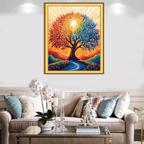 Image of Foxnyart Stamped Cross Stitch Kits Full Range of Embroidery Needlework Starter Kits for Beginners Adults 11CT Embroidery Patterns Art Crafts DIY Needlepoint Kit-Magic Rainbow Tree 16x20 inchs
