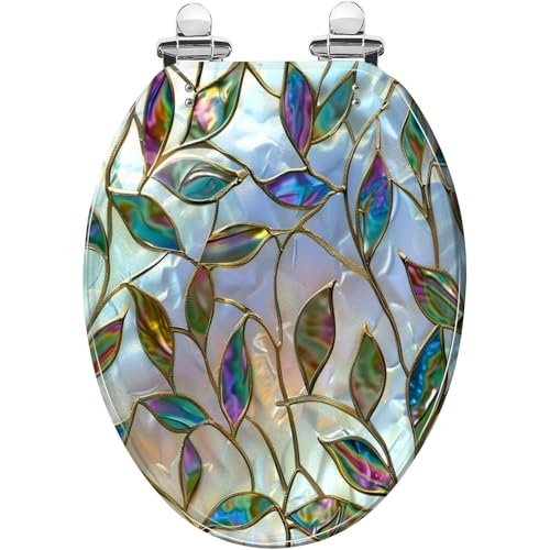 Elongated Toilet Seat Leaves pattern stylized seamless texture 3d Art Resin Toilet Seat Easy to Install Quietly Close Quick Release Hinges Decorative Toilet Seat with Cover