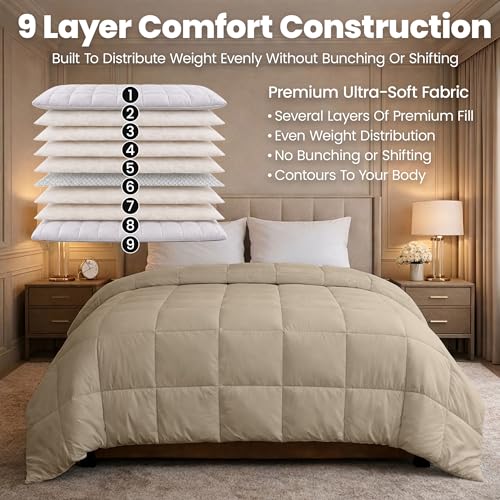 Image of HomeSmart Weighted Comforter Queen Size 40lbs - 3 X More Fluffy Than A Weighted Blanket, Breathable Soft Fabric, Heavy, Light Beige
