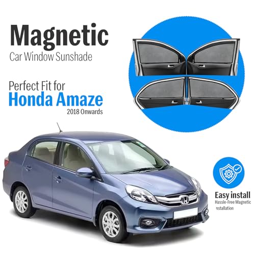 Image of Autofact Magnetic Car Sunshades Compatible with Honda Amaze (2018 to 2024) (Set of 4) - Easy Installation, UV Protection, Keeps Car Cool (Front 2 with Zippers, Rear 2 Without Zippers)
