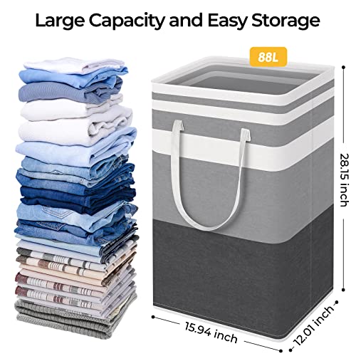 HomeHacks 2 Pack Large Laundry Baskets, Waterproof, Freestanding Laundry Hampers, Collapsible Clothes Hamper with Reinforced Handles in Laundry, College Dorm, Bathroom, Bedroom (Grey+Blue, 88Lx2)