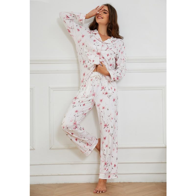 Image of LYCY Womens Pajama Sets Floral Print, Long Sleeve Button Down Pajamas Set for Women Soft Sleepwear Pjs 2 piece Loungewear