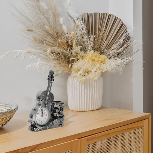 Reloj de mesa con forma de violín vintage y soporte para bolígrafo decorativo 6
