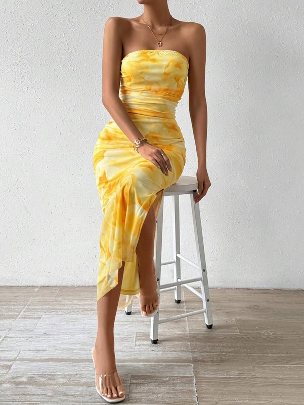 Mujer Vestido Largo Ajustado Sexy Tie Dye Vestidos de Tubo Elegante sin Mangas Maxi Vestido sin Tirantes de Fiesta Verano Fruncido Vestidos con Abertura para Cóctel Boda Invitada Noche Club