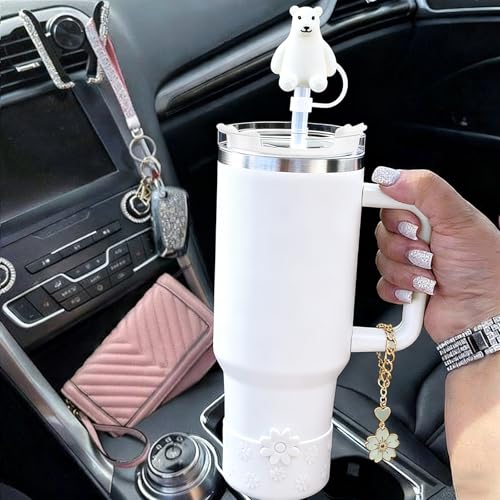 Hpebl 7Pcs White Cup Accessories for Stanley Cups 40/30oz Including Flower Silicone Boot Straw Cover Topper Spill-Proof Stopper Set Flower Handle Charm for Stanley Cup Tumbler Accessories — view 5