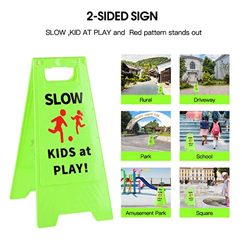 Slow Kids at Play Sign, Children at Play Safety Signs with Double-Sided Text and Graphics for Street Neighborhoods Schools Park Sidewalk Driveway (2-Pack Green)