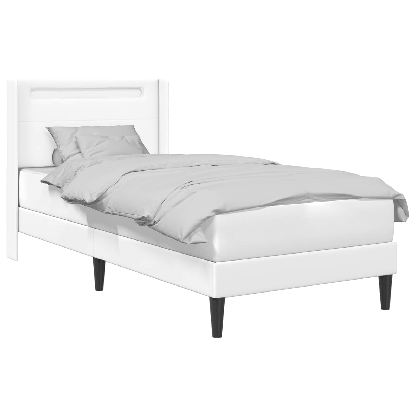 Marco de cama blanco con tiras de luz LED de 90 x 190 cm, piel sintética, marco de madera moderna con tiras LED ajustables Fuente de alimentación USB, diseño estable, para cama individual