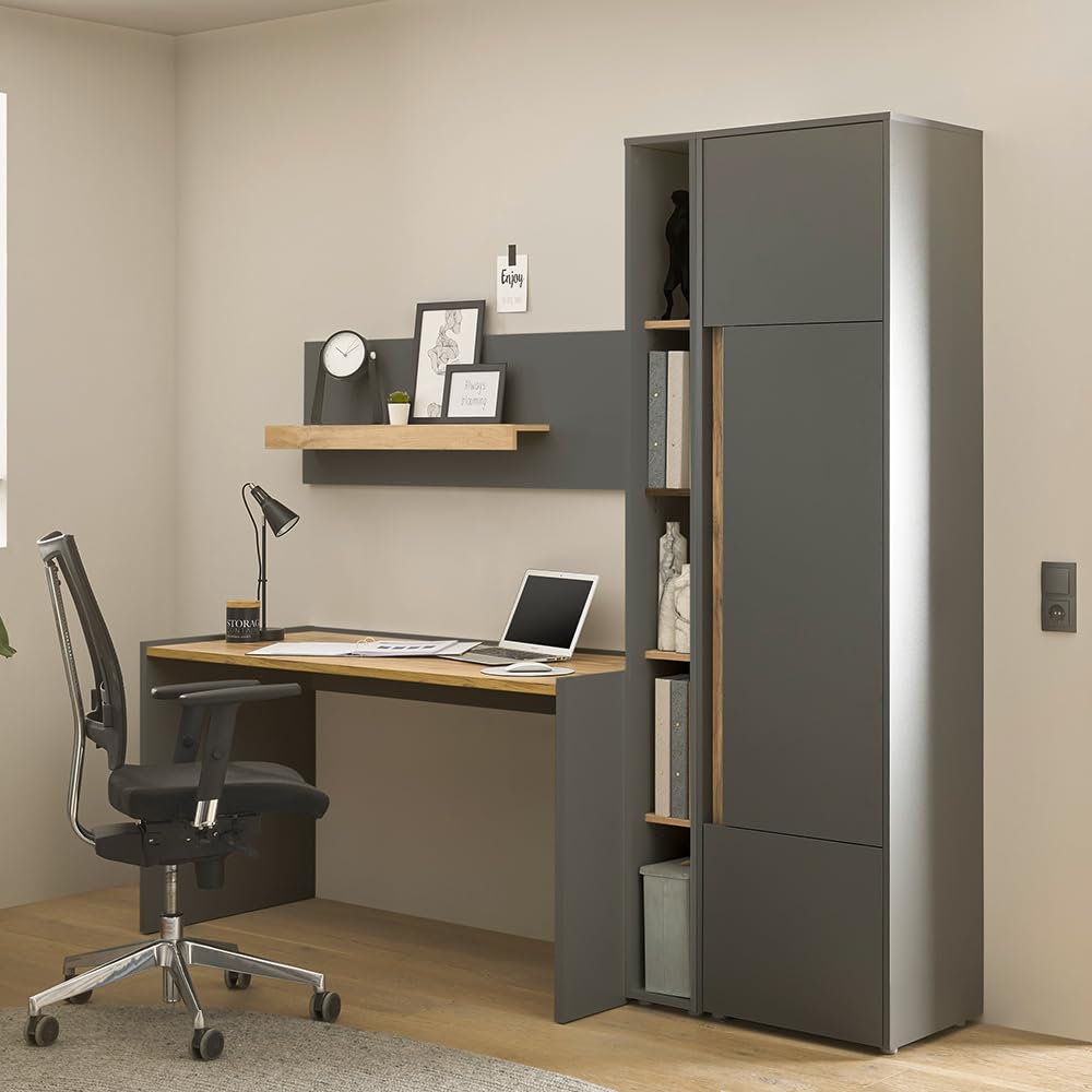 Lomadox Büromöbel Set anthrazit mit Eiche 3-teilig modern, 1 Schreibtisch, 1 Wandboard, 1 Regal, 1 Stauraumschrank