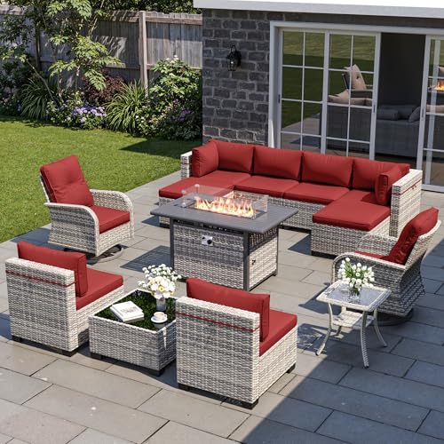 Image of Outdoor PE Wicker Rattan Modular Patio Sectional Sofa Set | 13-Piece: 6 Modular Seats, Coffee Table, 2 Swivel Rocking Chairs, Side Table, 2 Ottomans & 55,000 BTU Fire Pit Table, Red