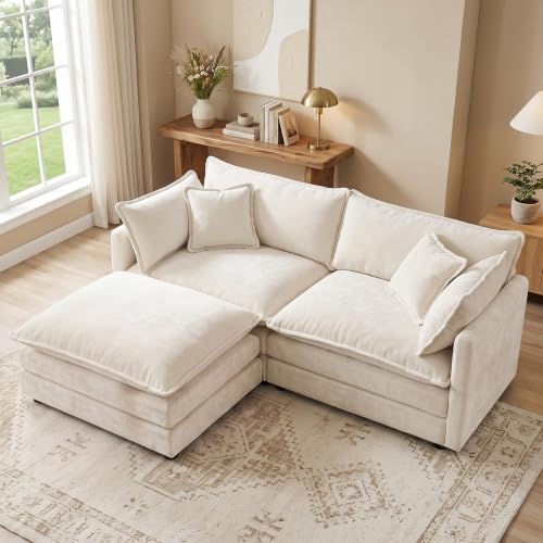 76" Chenille Modular Sofa with Ottoman, Cloud Couch with Pillow,White