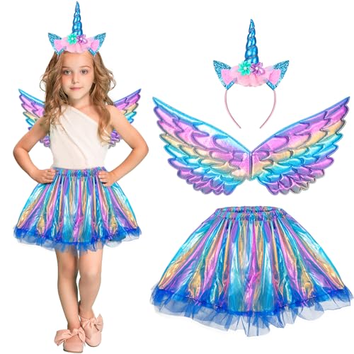 Hifot Unicorn Costumes for Girl, Unicorn Birthday Tutu Dress with Unicorn Wings Headband for Christmas Gifts Party Outfit