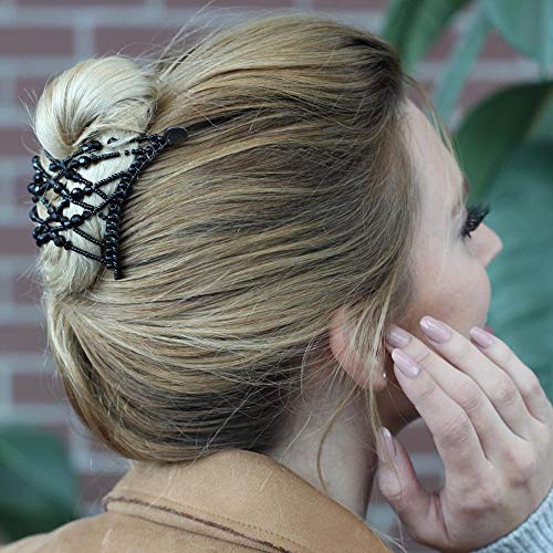 Stretchy Hair Clips For Fine Thin Hairstyles - Decorative Pearl & Black Bead, All-Day Hold, Add Volume, Gentle & Snug, Adjustable, No Pressure Pulling Or Pain (Handmade Limited 2 Pack Try-Me Set) #TOP1