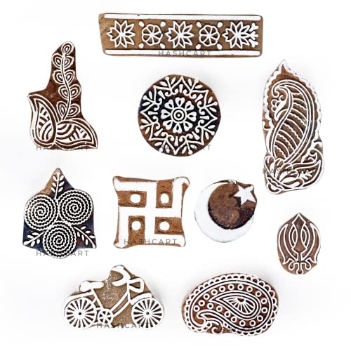 Image of Set of 10 | Wooden Stamps Designer Blocks for Scrapbooking | Saree Border | Handmade Baren for Project Designing | Fabric Textile | Clay | Pottery Craft