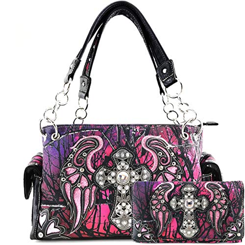 Zelris Camouflage Shine Glow Cross Wings Women Conceal Carry Handbag with Wallet