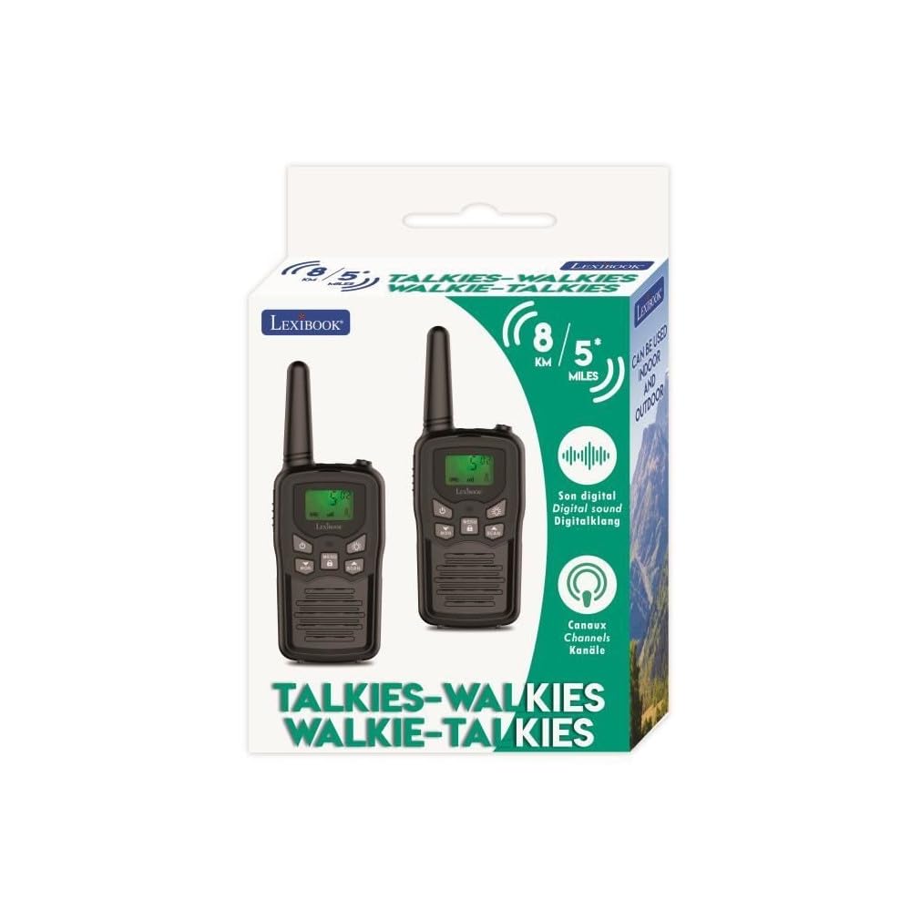 Lexibook, Walkie-Talkie per Bambini, Giocattoli a Lunga Distanza 8km / 5 miglia, Schermo LCD, Suono Digitale, Gioco di Comunicazione all'Interno e all'Esterno, Clip da Cintura, Nero, TW58