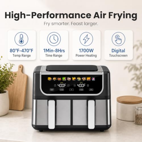 Image of OLIXIS Dual Air Fryers with 2 Baskets 9.5 Quarts Large Airfryer 10-in-1 | Independent Temp Control 80-450F, Ceramic Crisper Plate, Sync Setting, Shake Reminder, Bake Broil Defrost Dehydrate, Black