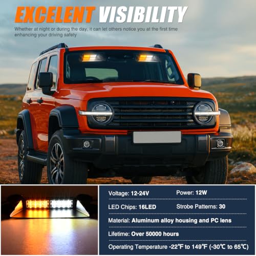 Image of Nilight 16LED Amber White Dash Strobe Light Cigarette Lighter Plug | Dual-Switch 2-in-1 Deck Split Flashing Lights for Truck Construction Pickup Interior Front /Rear Windshield Mount 30 Modes