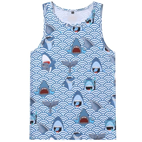 Camiseta de tirantes para mujer con divertido patrón de dibujos animados de tiburones - Camiseta sin mangas de verano con estampado integral | Camiseta informal para la playa y el tiempo libre con