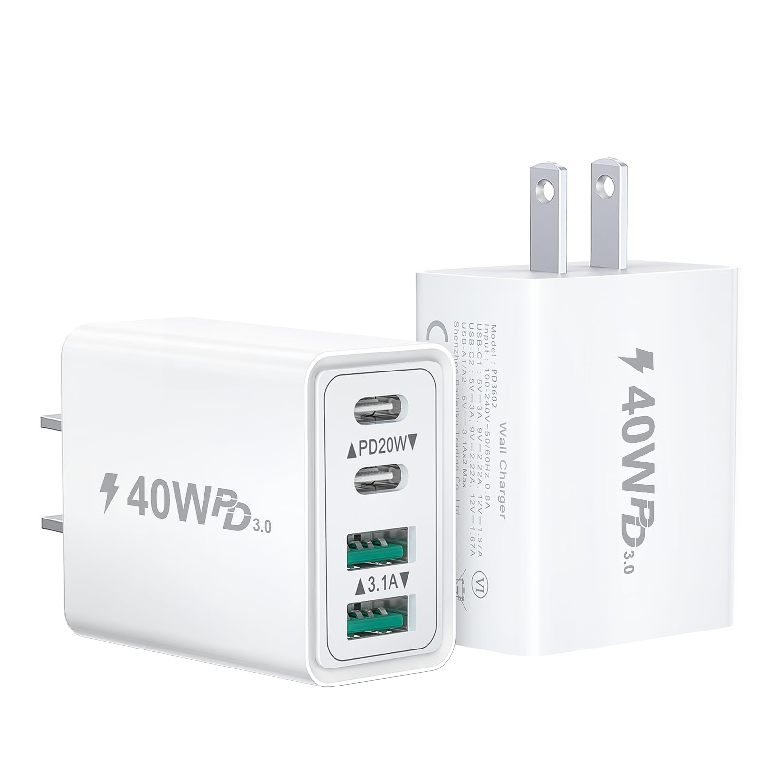USB C Wall Charger Block, 2-Pack 40W 4-Port Type C Fast Charging Block Dual USBC Power Adapter+ QC Multiport Wall Plug Multi Charger Block for iPhone 17 16 15 14 13 12 11 Pro Max Plus, iPad, Samsung