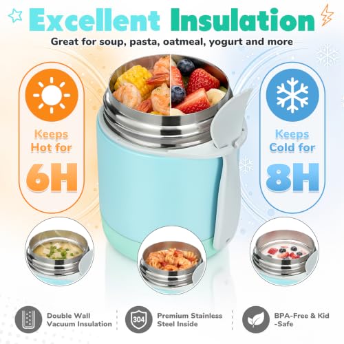 Image of 10oz Soup Thermo for Hot Food Kids,Lunch Thermo Kids Food Jar with Spoon Hot Insulated Food Containers,Leak Proof Stainless Steel Wide Mouth Lunch Thermo Jar for School(Mint-Green)