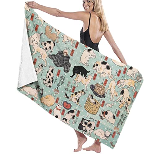 バスタオル フェイスタオル マイクロファイバー タオル 浮世絵 猫 ネコ 絵画柄 吸水 速乾 耐久性 ビーチタオル 大判 ラップタオル ボデイタオル ふわふわ 柔らか肌触り ホテル仕様 家庭用 80cm×130cm