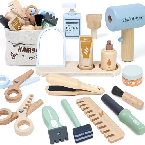 Masonbaby Holz Friseur Spielzeug für Kinder mit Haartrockner Glätteisen Kamm Spiegel und Aufbewahrungstasche Frisör Spielzeug Rollenspiel Holzspielzeug Festliche Geschenke für 3 4 5 Jahre alt