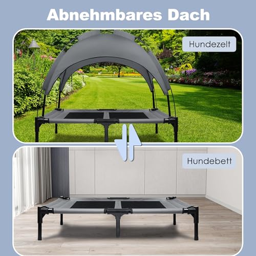 UISEBER Hundebett Erhöhtes Haustierbett 92 x 76 x 92 cm Hundeliege Outdoor mit Überdach für große Hunde bis 50 kg Wasserdicht Hundebetten für Innen und Außen Grau +Schwarz【L】