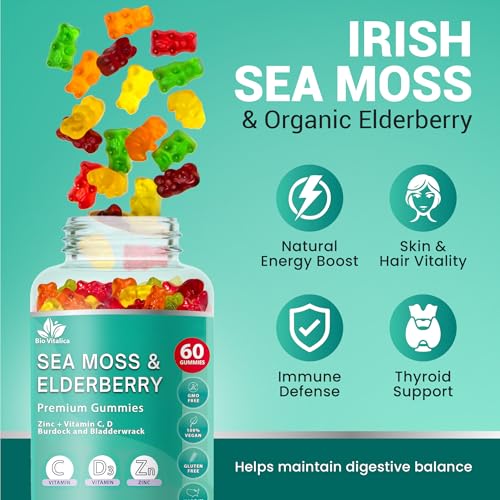 BIO VITALICA Sea Moss Gummies Elderberry BioVitalica - Vitamin C D + Zinc - Irish Seamoss Vegan Gummy with Sea Moss Gel & Powder for Immunity, Detox - for Adults and Kids - Image 4
