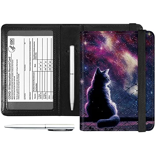 Passport and Vaccine Card Holder Combo, PU Leather RFID Blocking Passport Holder Cover Case for Women, Travel Passport Wallet Leather Case with Elastic Band, with Pen, Purple Galaxy Cat