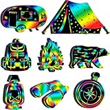 RoundFunny 80 Pcs Camping Scratch Cards for Adult Camping Party Supplies Colorful Scratch DIY Paper Art Craft Kit with 80 Pcs Stick and Ribbon for Themed Birthday Party Decor