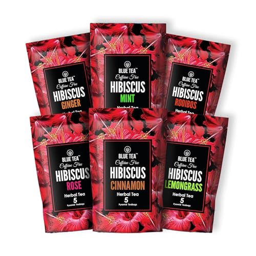 BLUE TEA - Hibiscus Assortment Herbal Tea Sampler Pack (6 Flavors, 30 Teabags) | Flowe Based Farm Fresh - Caffeine Free - Vegan | Plant-Based Biodegradable Tea Bag | Zipper Pack