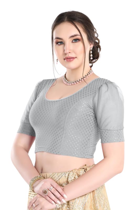 Image of FINESTFIT Stay On Trend Fashion 100% Cotton Readymade Blouses for Women,Round Neckline with Organza Balloon Sleeves.