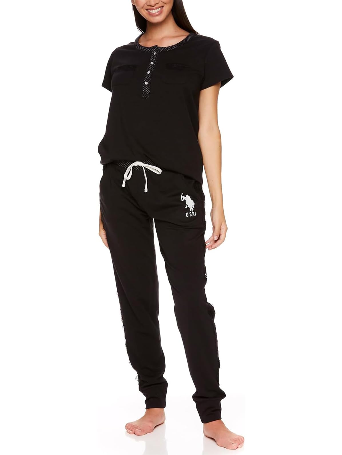U.S. Polo Assn. Womens Pajama Set with Pockets - Short Sleeve Shirt and Pajama Pants Pj Set (Black, X-Large)