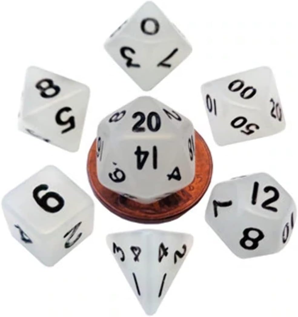 Metallic Dice Games 7-Set Mini: 10mm: Glow CL w/BK Numbers