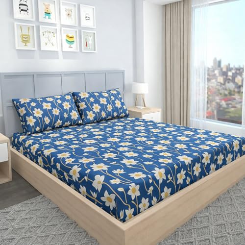 Image of BEVI - Home Super Fabric 300 TC Microfiber Single Queen Size Bedsheet with 1 Pillow Cover - Printed Blue Flower (60x90)