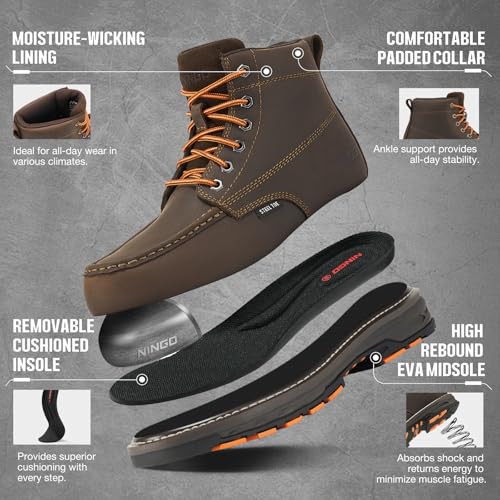 Image of NINGO Steel Toe Work Boots for Men, Puncture Proof & Non Slip Work Boots, Mens Safety Moc Toe Work Shoes with EH Protection, Water & Oil Resistant for Construction, Hunting, Welding