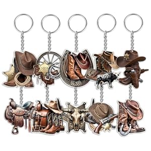 10 Pcs Vintage Cowboy Acrylic Keychains – 2D Flat Rodeo Charms with Hats/Boots/Sheriff Badge, Western Party Favors & Gifts for Backpack/Car/Office Decor, Birthday/Christmas Supplies