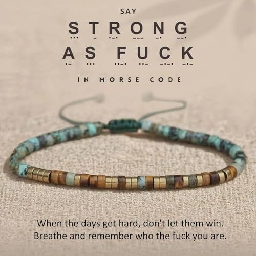 'Strong As Fuck' Morse code Motivational Bracelet with African Turquoise Tiger eye,Secret Message Friendship, Adjustable Couples Bracelet Jewelry for Women Men2