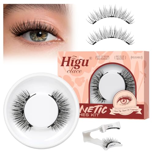Higu clace Ciglia Finte Magnetiche Naturali, Ciglia Finte Magnetiche con applicatore, non c'è bisogno di colla magnetica per Ciglia facile da indossare e rimuovere (LASH-A)