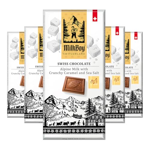 Milkboy Swiss Milk Chocolates - Alpine Milk Chocolate Bars with Crunchy Caramel Sea Salt - Gluten-Free Non-GMO All Natural - Made in Switzerland - 3 oz, Pack 5