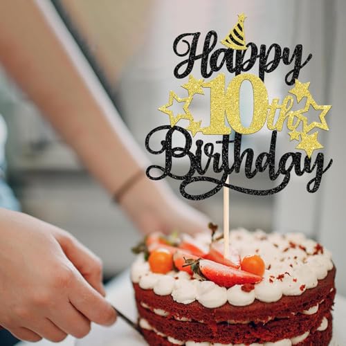 Image of Confetti! Glittering 10th Birthday Cake Topper with Star Hat - Cheers to 10 Years! Fabulous Cake Decorations for Kids' 10th Birthday & Anniversary Party Supply