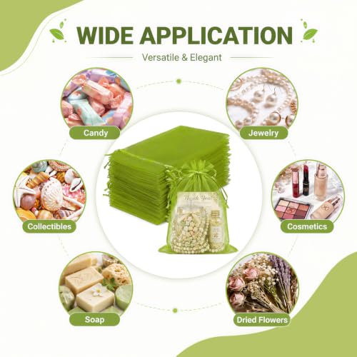 Image of FUNFERY 100PCS Green Organza Gift Bags 5x7in,Drawstring Pouch for Jewelry