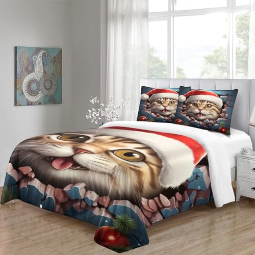 Housse de couette imprimée motif chat de Noël, cadeau idéal 3 pièces