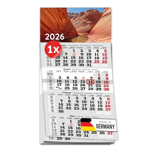 PRIMUS PRINT 4-Monats Einblockkalender 2026 mit Schieber - Wandkalender zum Aufhängen - großer Monatskalender- inklusive Feiertagen - verschiedene Motive verschiedene Sets [ 1x Canyon ]