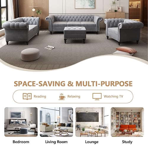 Image of QHITTY Accent Large Sofa, Chesterfield Couch 3 Seater Modern Velvet Couch Upholstered Sofa with Tufted Back for Living Room Furniture (Grey)