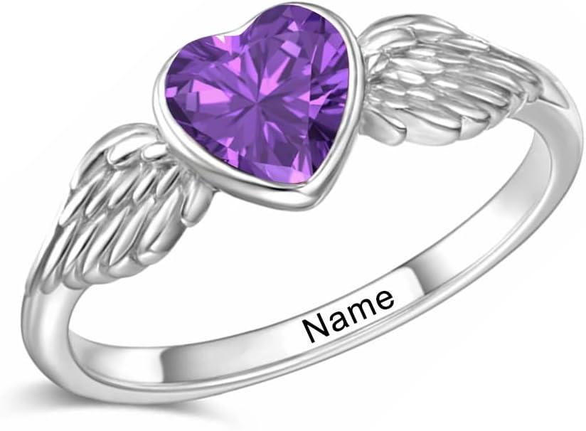 Angel Wing Ring Personalized Birthstone Engraved Name 925 Sterling Silver Heart Birthstone Wing Ring Jewelry Gifts for Women Birthday