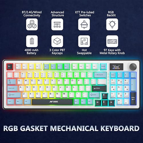 Image of Ant Esports Apex 300 Tri-Mode (2.4GHz-BT-Wired) 5Layer Gasket Mount Mechanical Keyboard, 95Key Anti-Ghosting + Knob, OLED Display, RGB, KTT Hot-Swap Switches,1000Hz Polling, 4000mAh for PC Mac Laptops