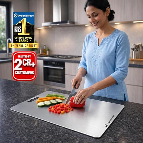 Image of OrganizeMee Stainless Steel Chopping Board Extra Large for Kitchen (45 X 31.2 CM) Kitchen Food Grade,Cutting Vegetable Chopper Board with Anti Skid Silicon & Anti Rust Platform Countertop Pad